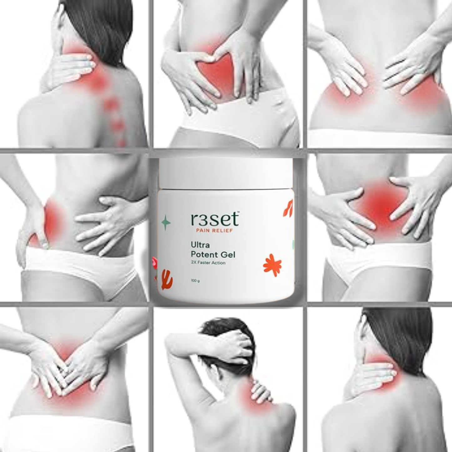 R3SET Ultra Potent Pain Relief Gel | 100% Natural Ingredients for Muscle, Joint, Back, Neck & Knee Pain | 2X Faster Action, Light Texture, No Side Effects, Safe for Daily Use - 100g
