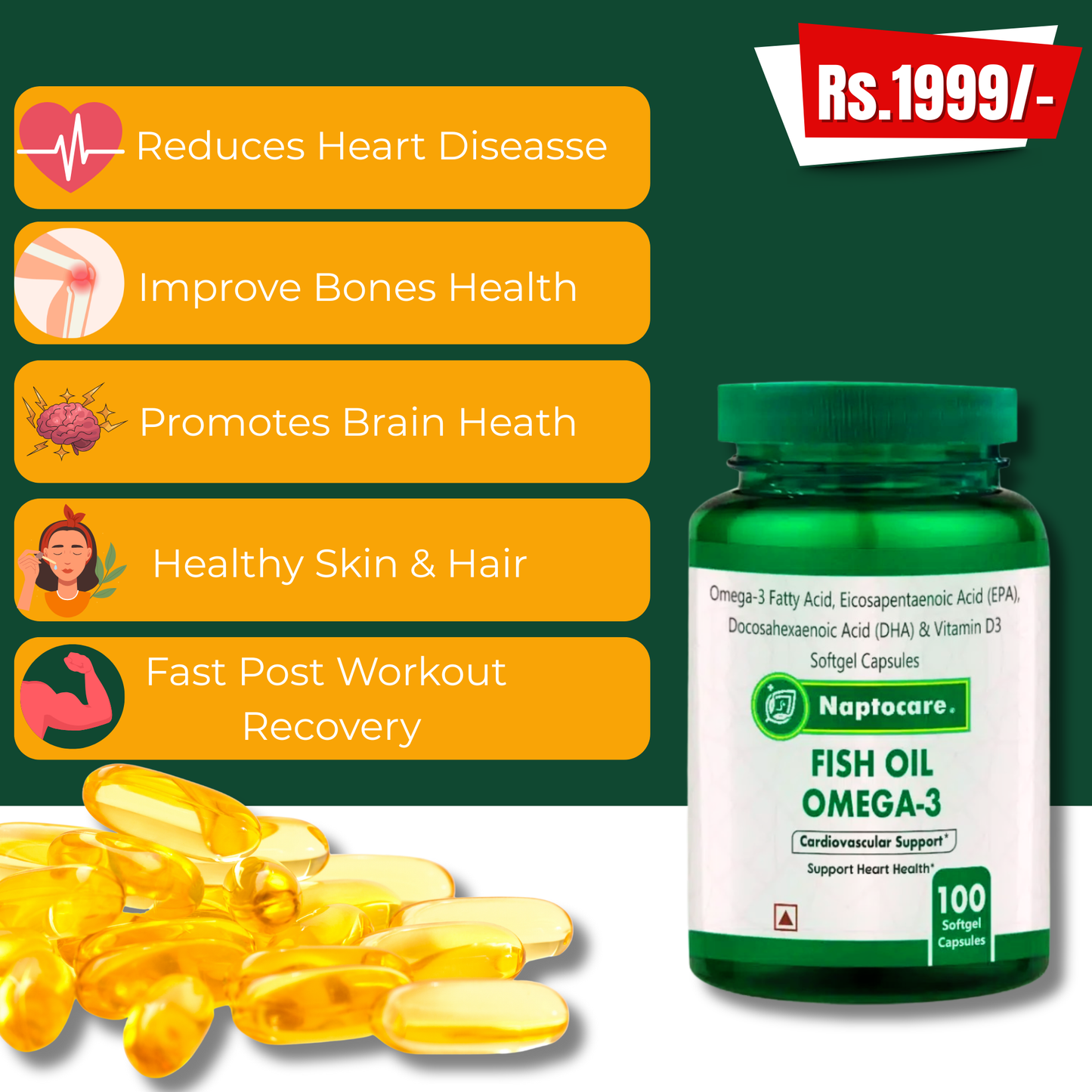 Omega-3 + Vitamin D3 For a Strong Heart, Sharp Mind & Better Everyday Health(100 Capsule)